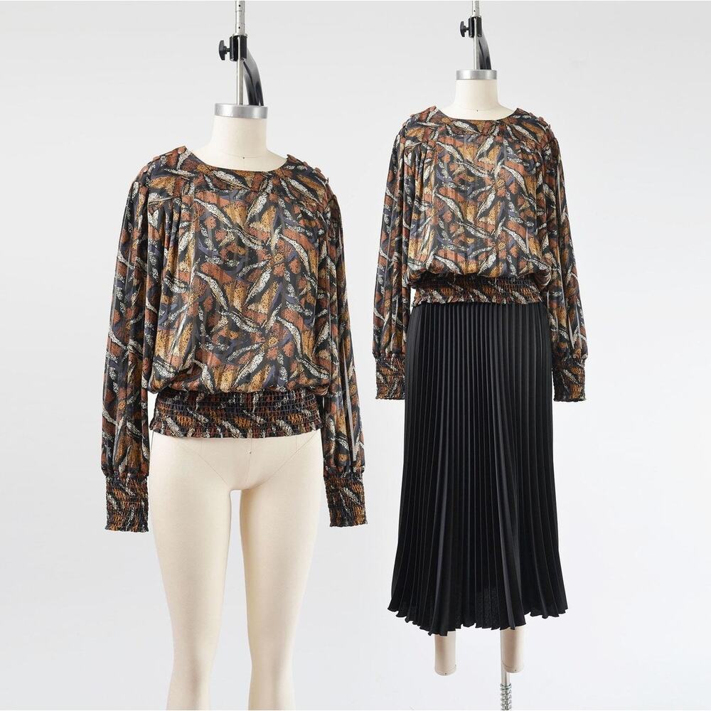Vintage 80s Abstract Sheer Blouse Black And Brown… - image 1